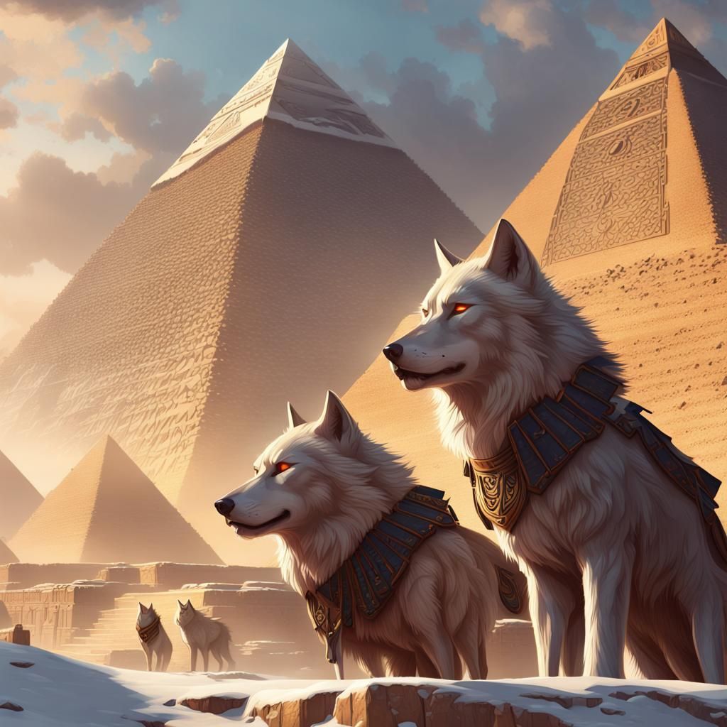 Snowy Egyptian Pyramids with Wolves, Digital Art
