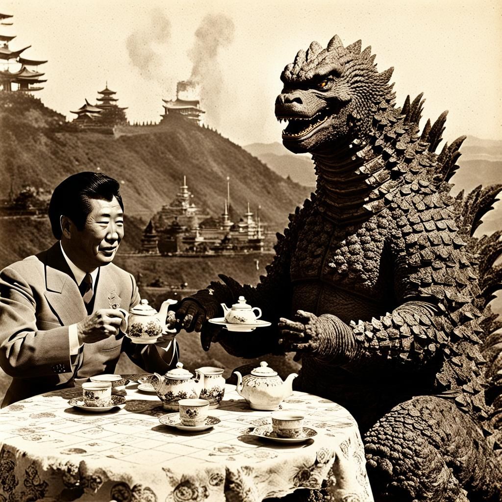 Godzilla and Emperor Tea Party: Vintage Sepia Photo