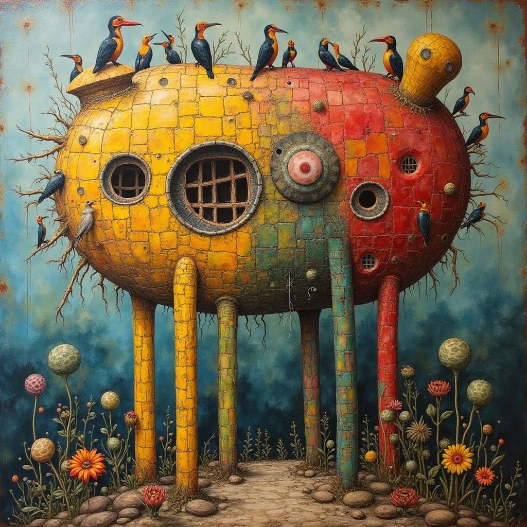 Surreal Durer-Style Painting of Giant People and Parrots