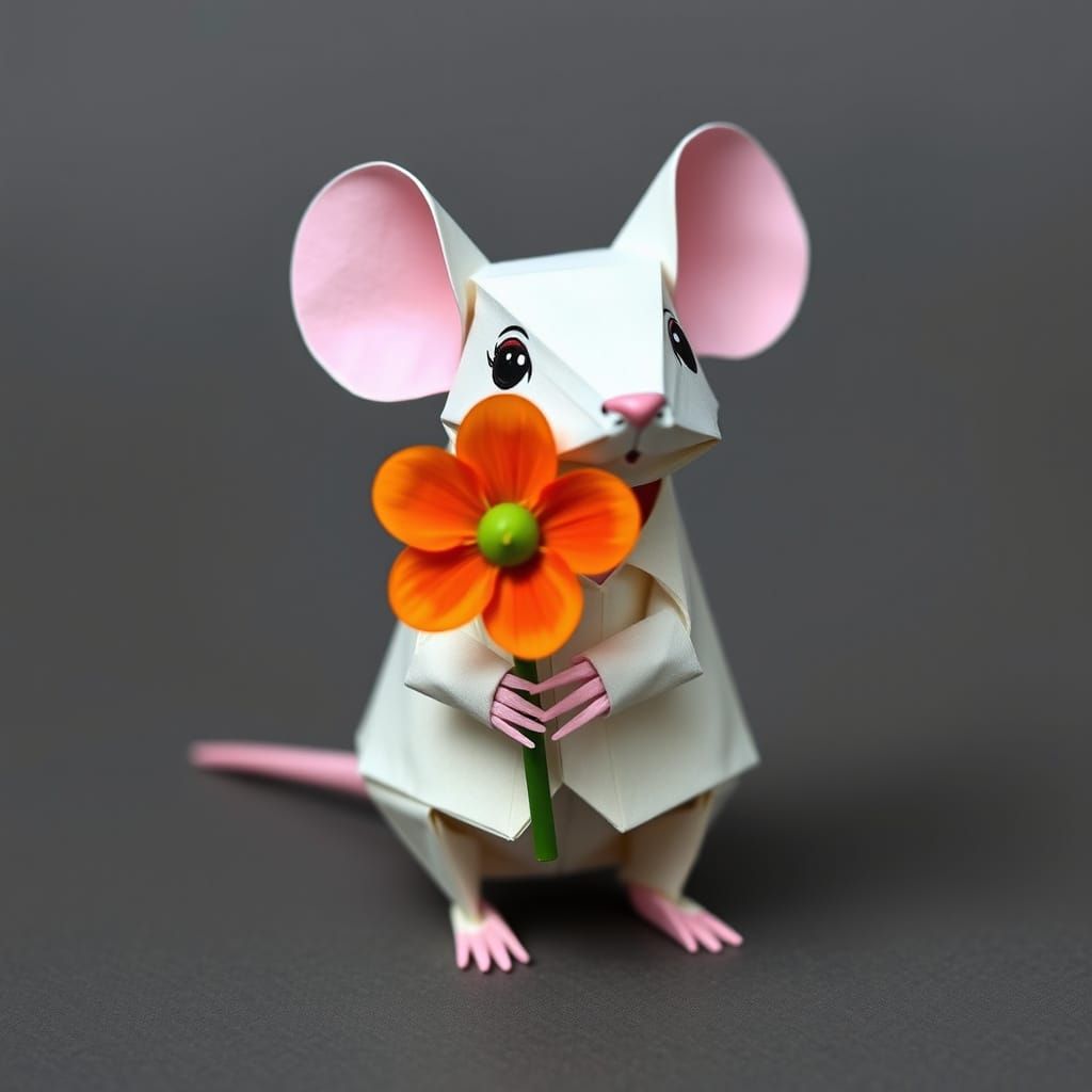 Origami Mouse Holding Flower in Storybook Style