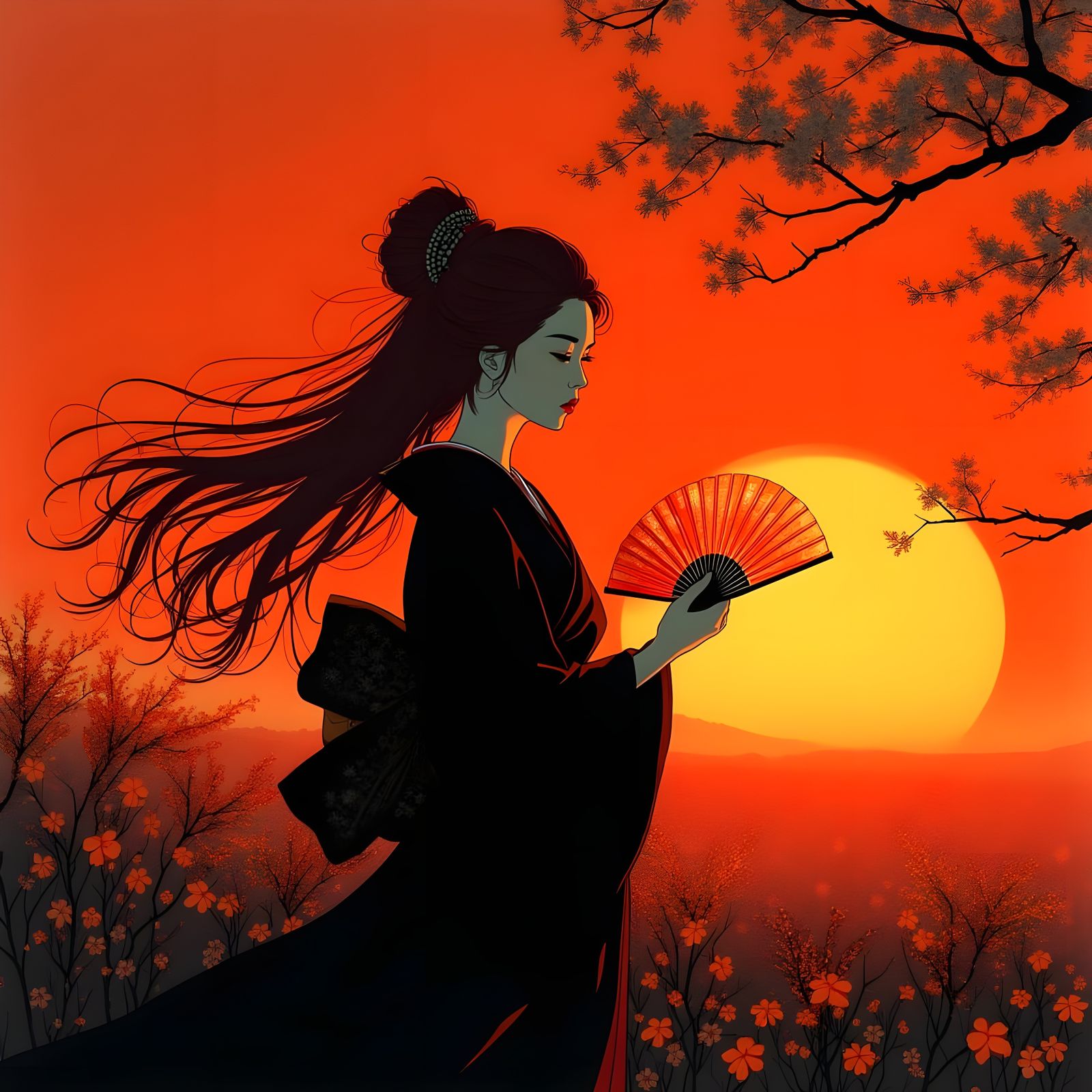 Geisha Silhouetted Against Fiery Sunset