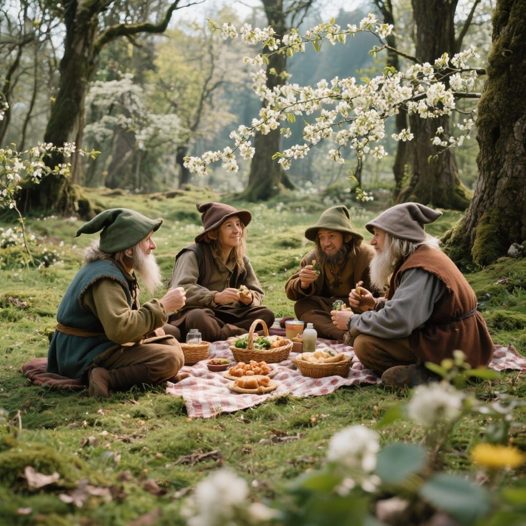 Hobbits Enjoying a Spring Picnic in the Forest