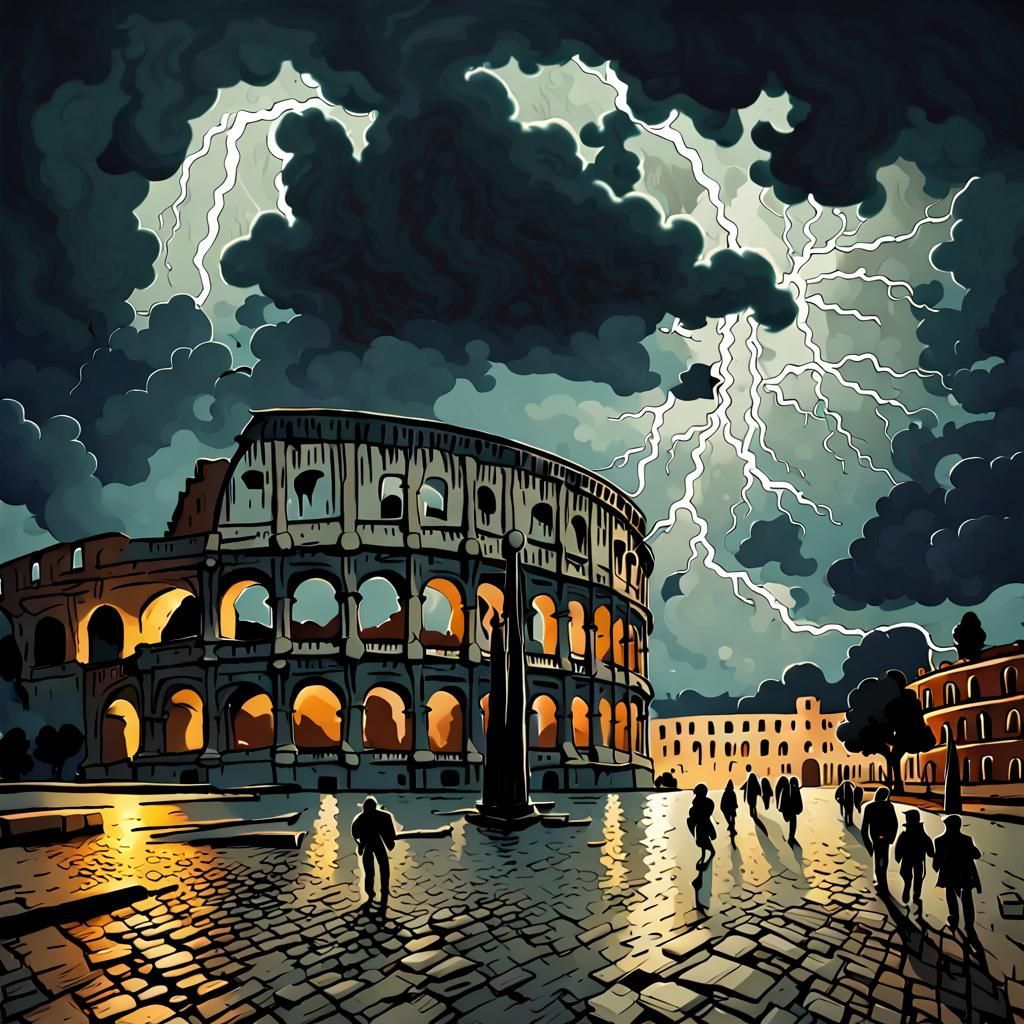 Stormy Night in Rome: Colosseum Under Lightning