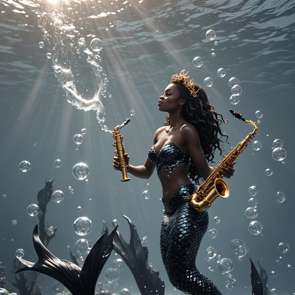 Sparkling Black Mermaid Playing Saxophone in 8k