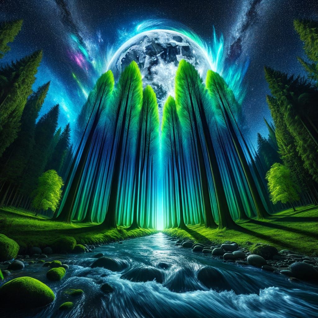 Vibrant Green Trees Reach Shining Moon Over Shadowed Earth