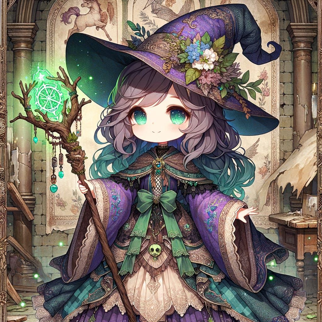Chibi Witch in Haunted Castle with Unicorn Tapestry
