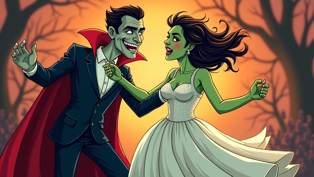Cartoon Dracula, Werewolf, and Bride Dancing