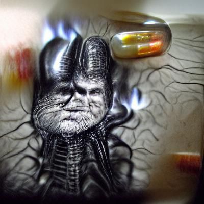 Surreal Biomechanical Charcoal Drawing with Flickering Light