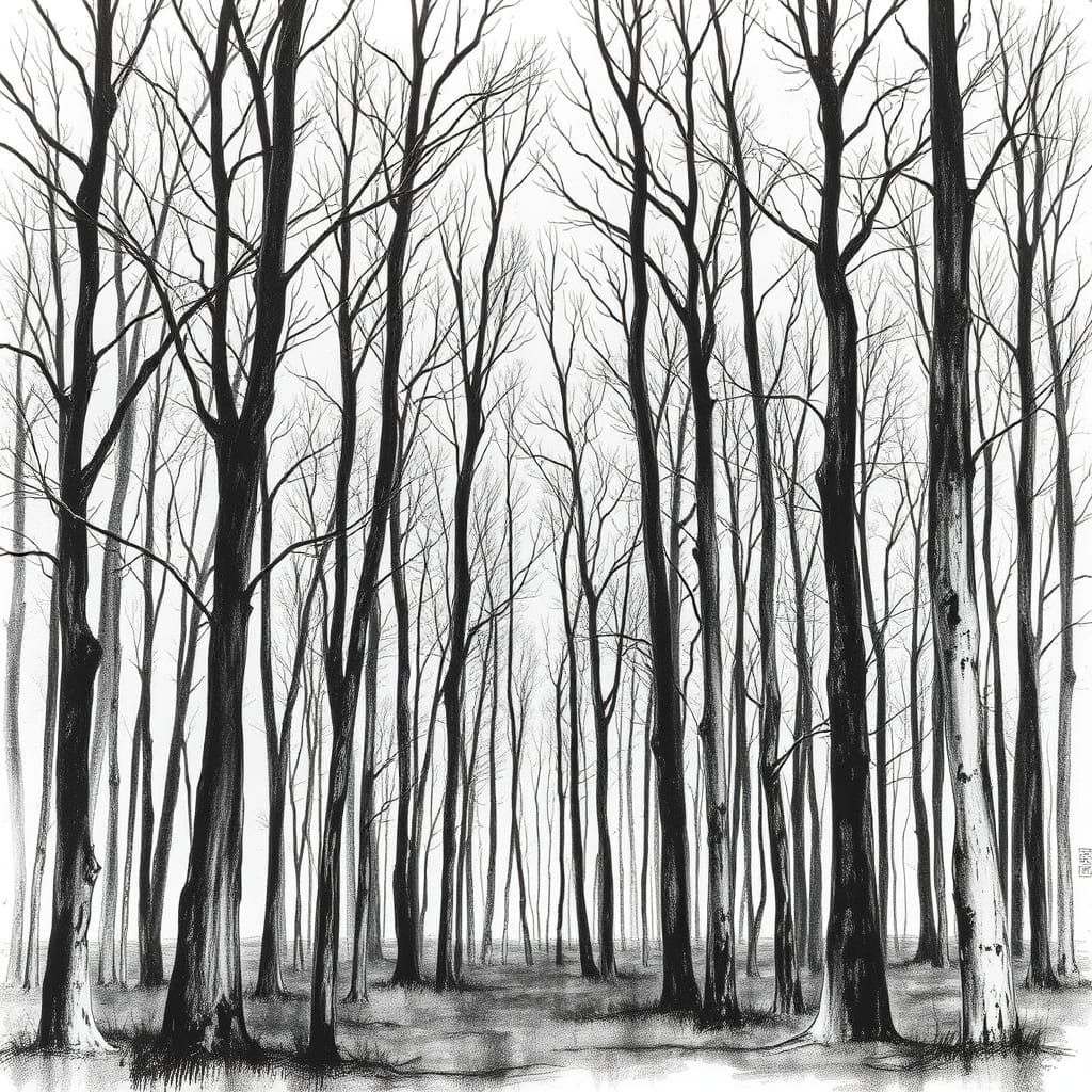 Black and White Forest Sketch with Gouache