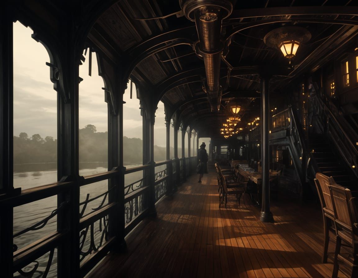 Creepy Steampunk Paddlewheel Steamboat on Overgrown River