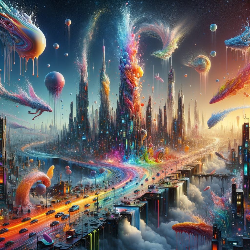 Surreal Liquid Cityscape with Neon Paint and Fluid Dragons