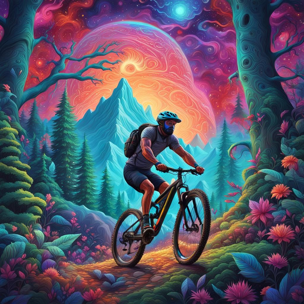 Mountain Biker in Forest, Astral Cosmic Illustration