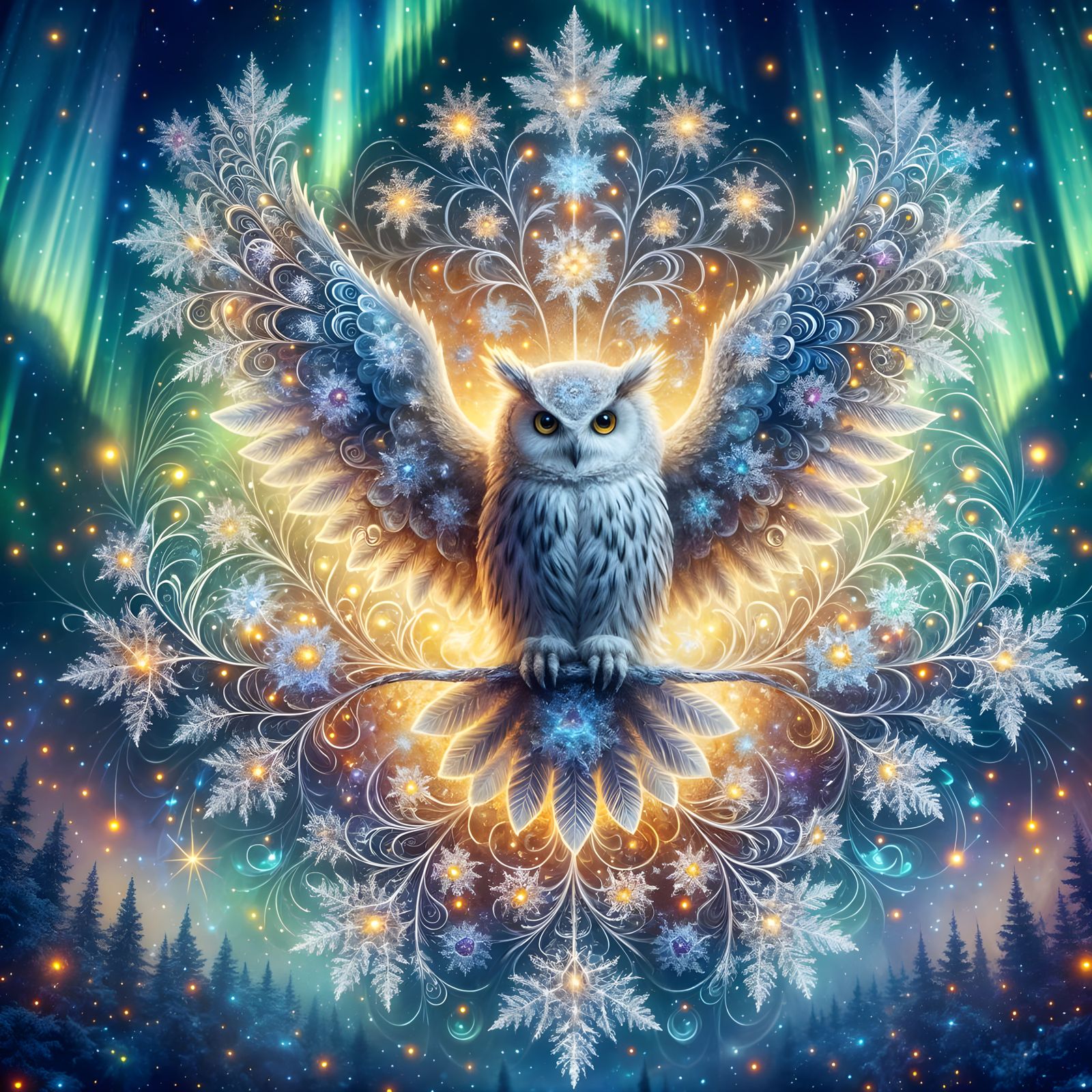 Snowy Owl portrait among frosted foliage at night against an...