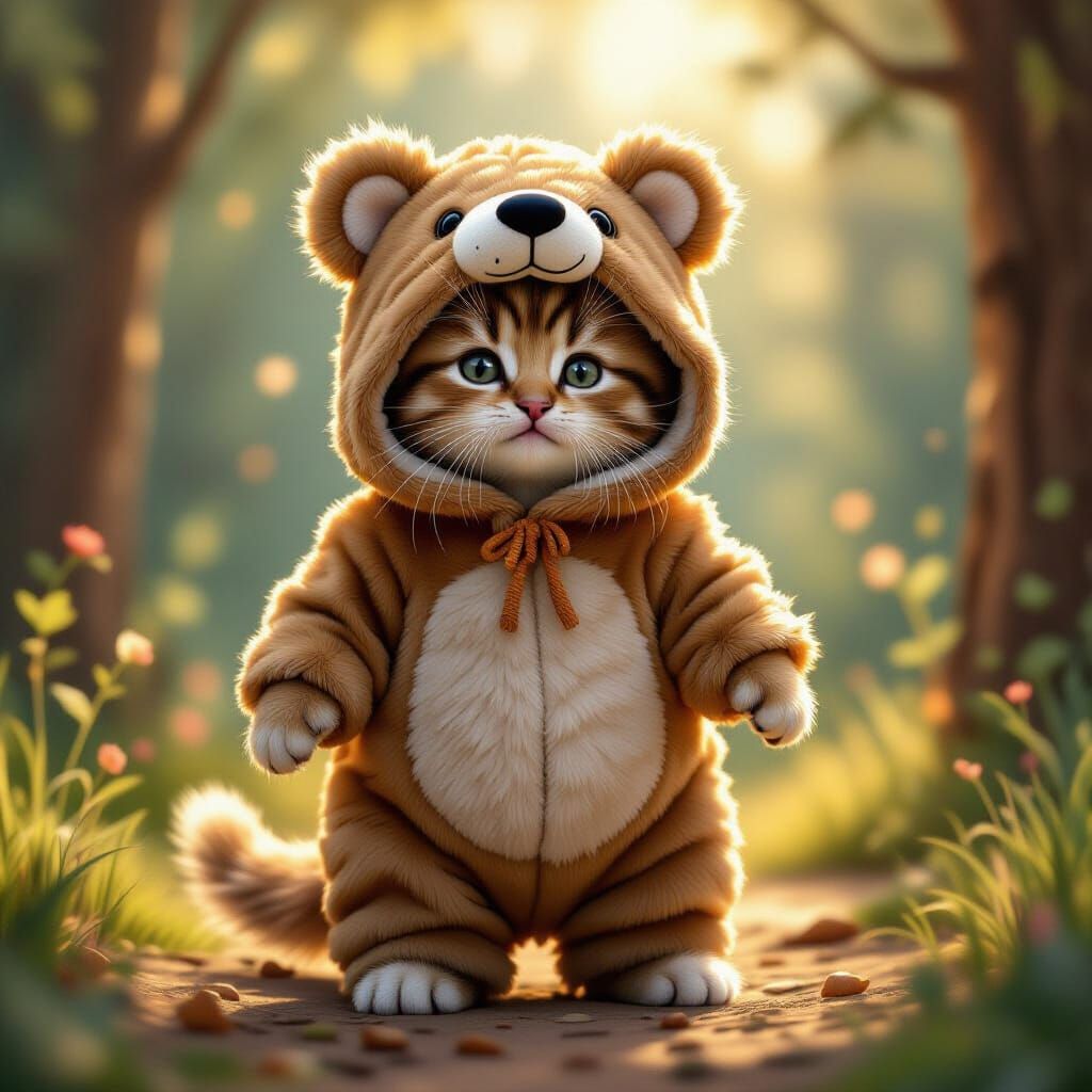 Fluffy Kitten in Oversized Grizzly Bear Costume
