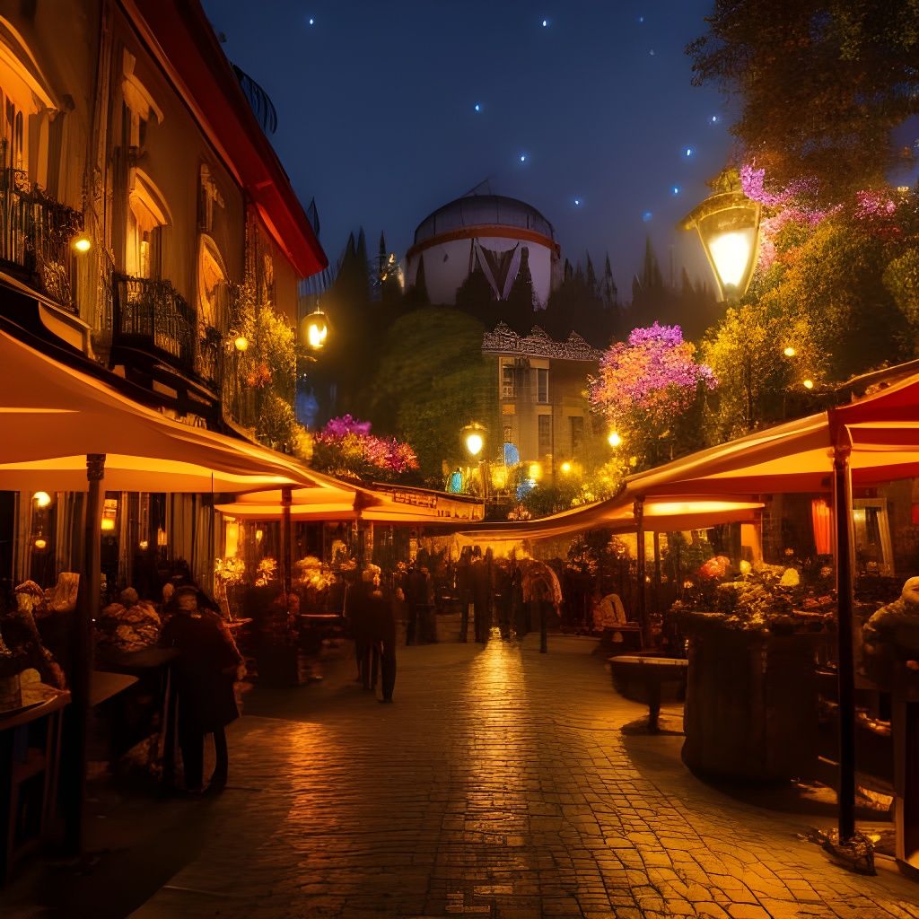 Enchanted Cafe at Night with Fairy Lights
