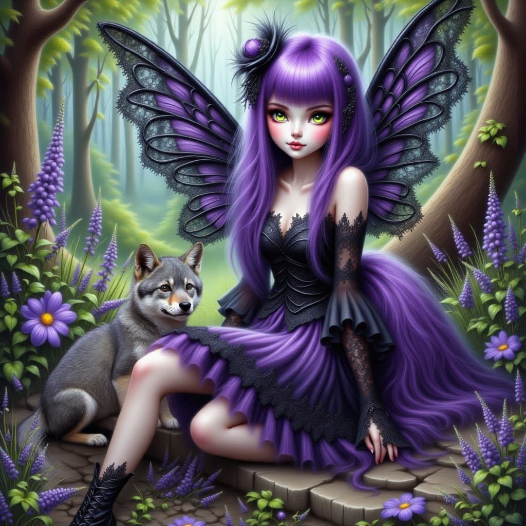 Purple-Haired Fairy with Fox Cub in Dark Art Fantasy