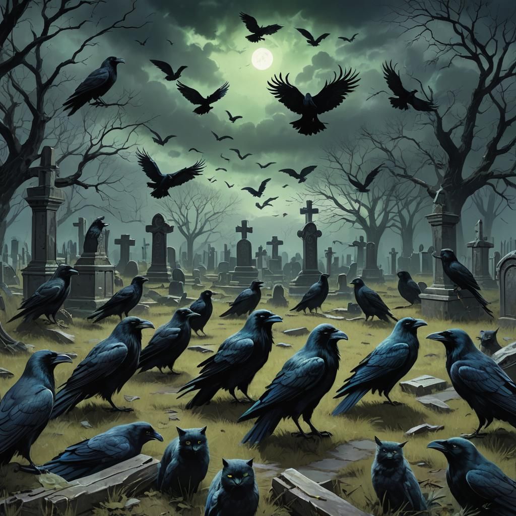 Eerie Graveyard Scene with Ravens and Black Cats