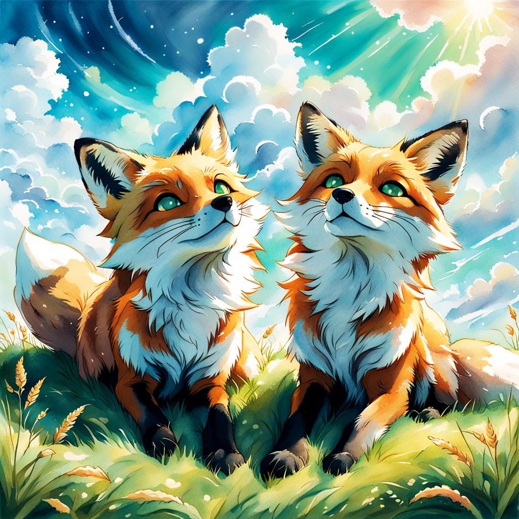 Foxes Gazing at Clouds in Anime Watercolor Style