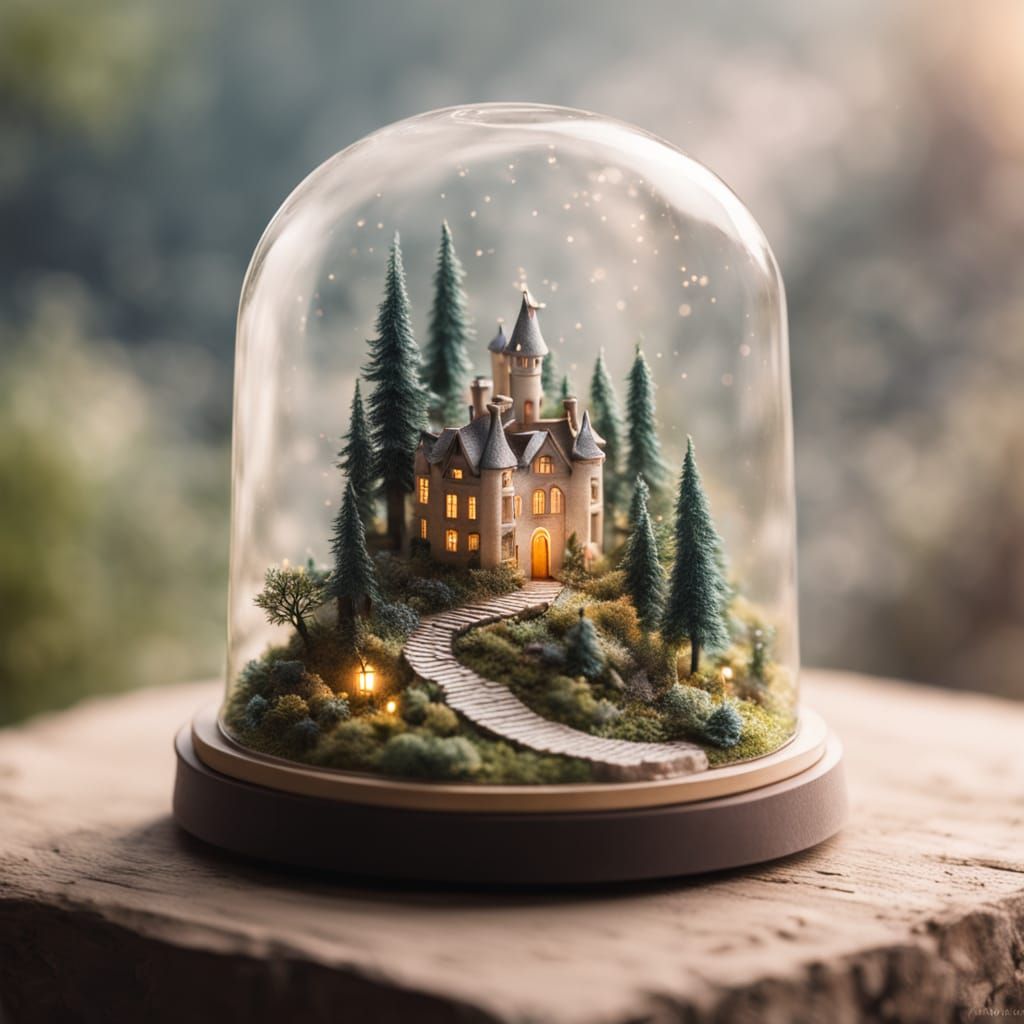 Fantasy Diorama in Miniature with Glowing Castle
