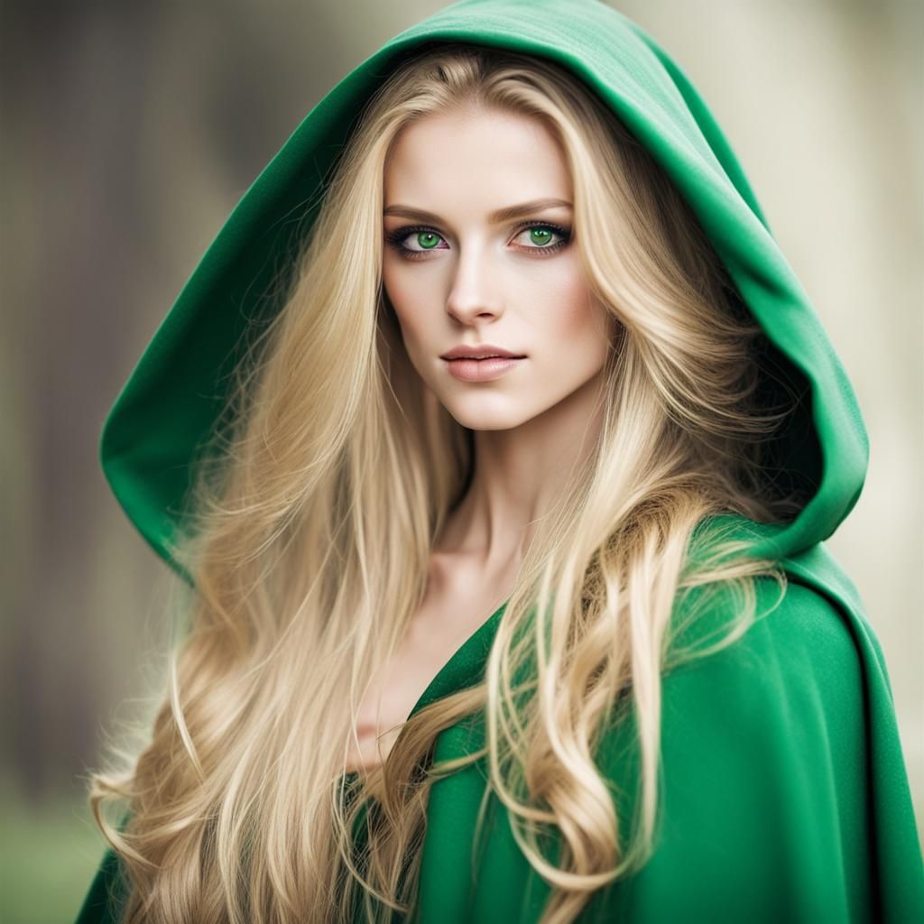 Blonde Woman with Green Eyes and Cloak