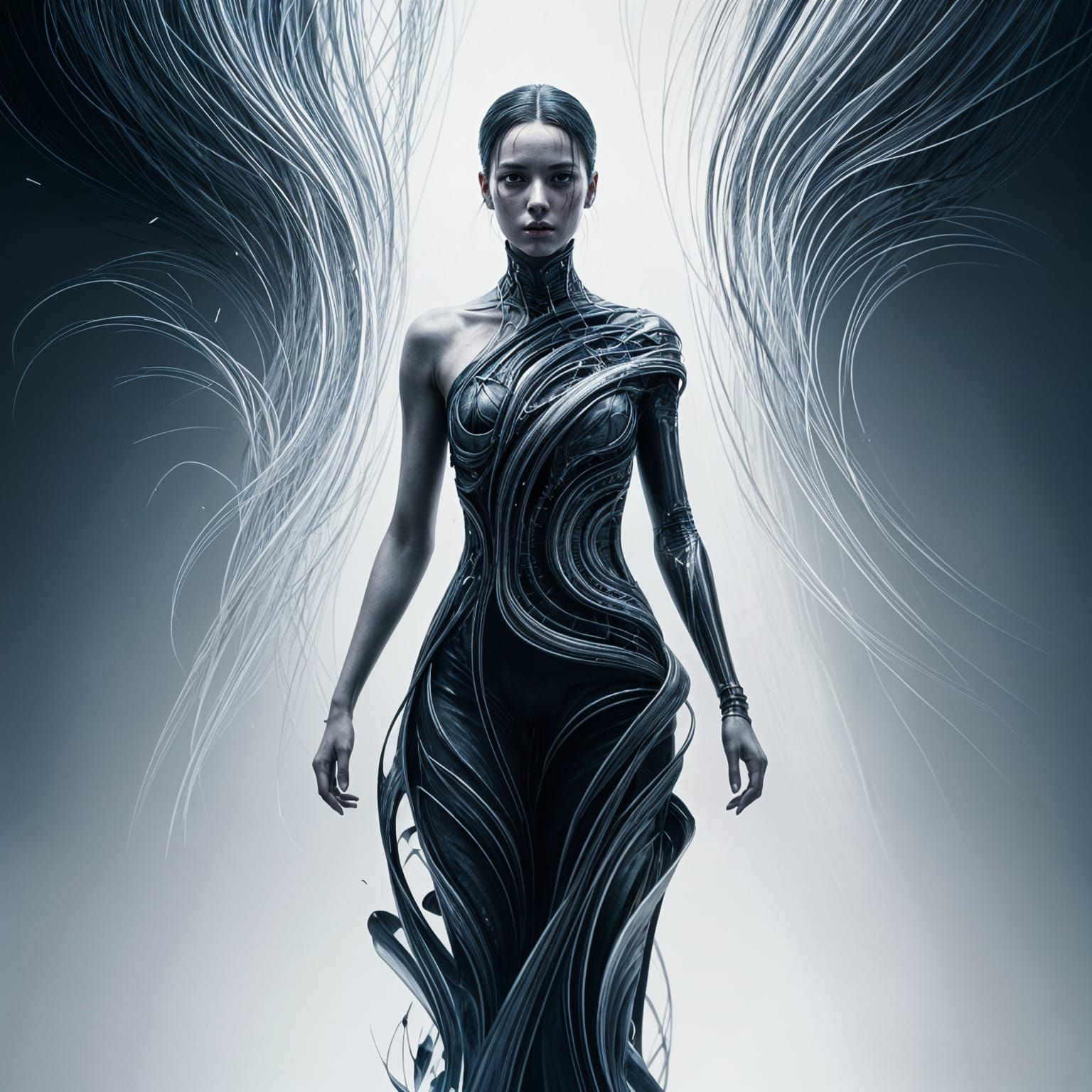 Conceptual Techno Art Woman in Bright Dark Fantasy Style