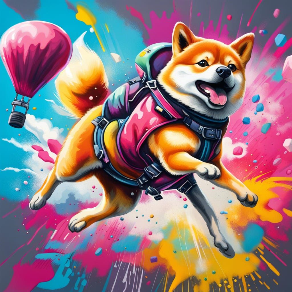 Colorful Shiba Inu Skydiving in Graffiti Art Style
