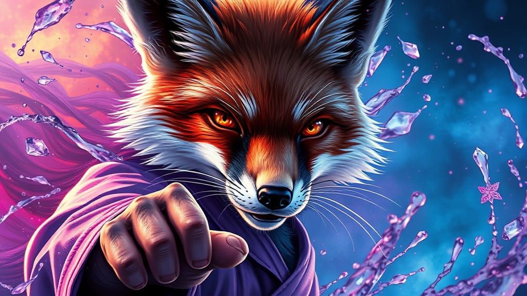 Hyperrealistic Karate Fox with Amethyst in Splash Art