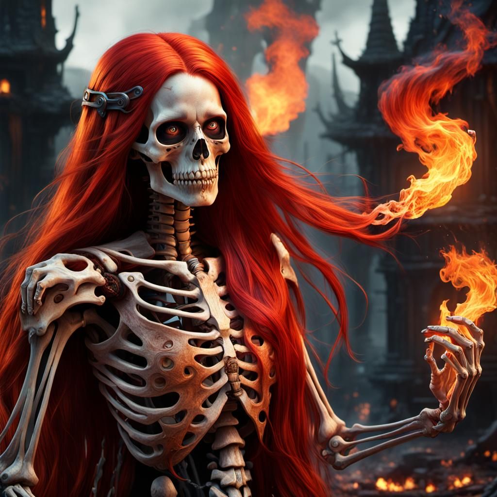 Red-Haired Skeleton Woman: Detailed Matte Painting