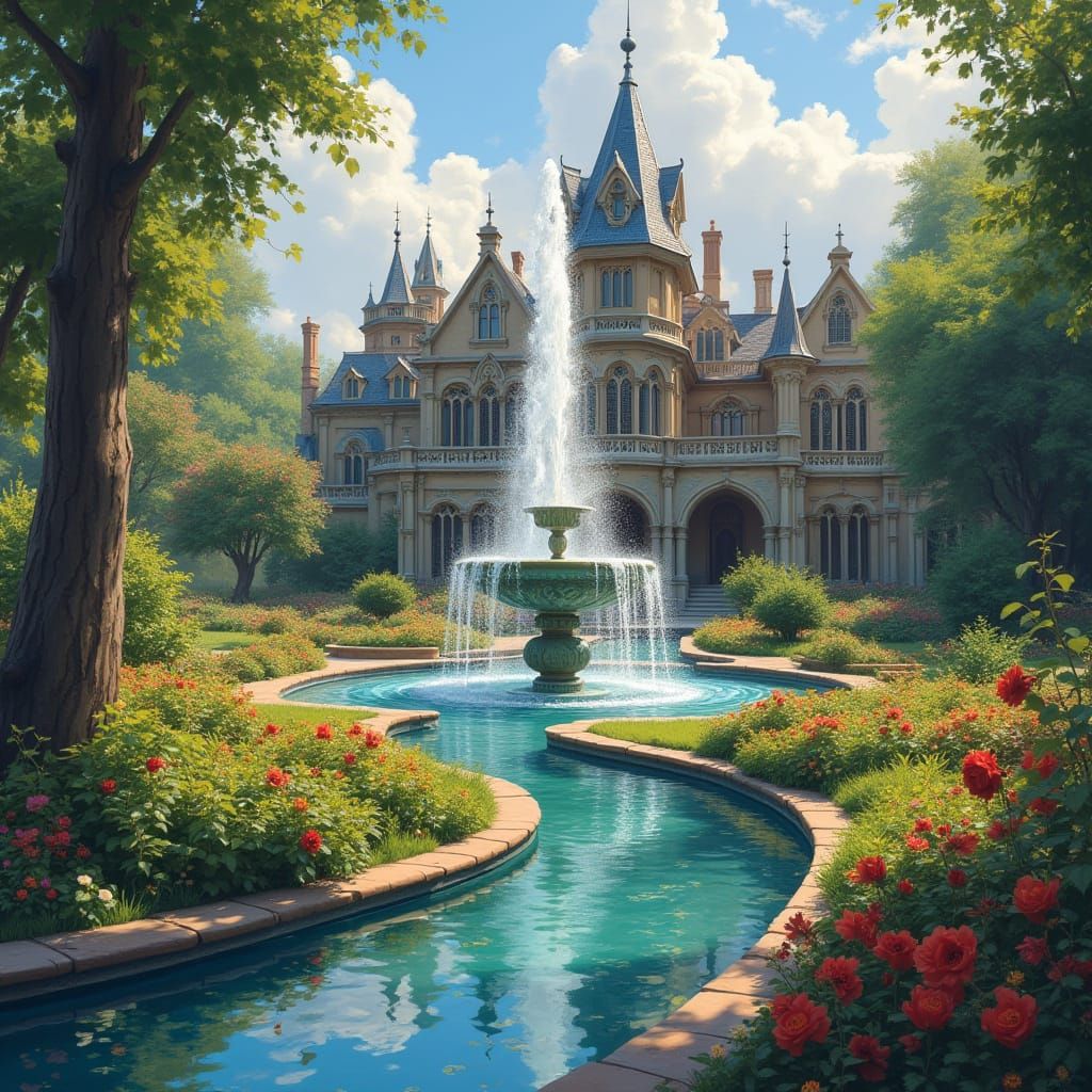 Gothic Mansion with Grand Gardens in Vibrant Oil Paint