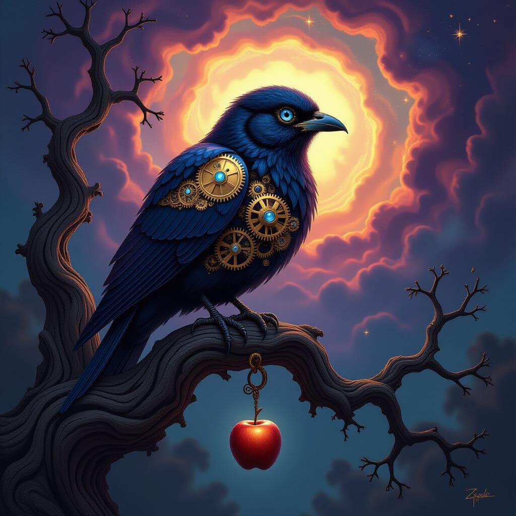 Clockwork Bird on Ancient Branch with Cosmic Nebula