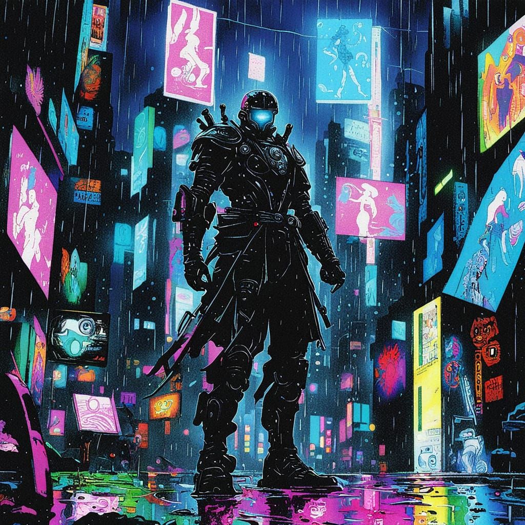 Cyberpunk Samurai in Neon-Lit Cityscape