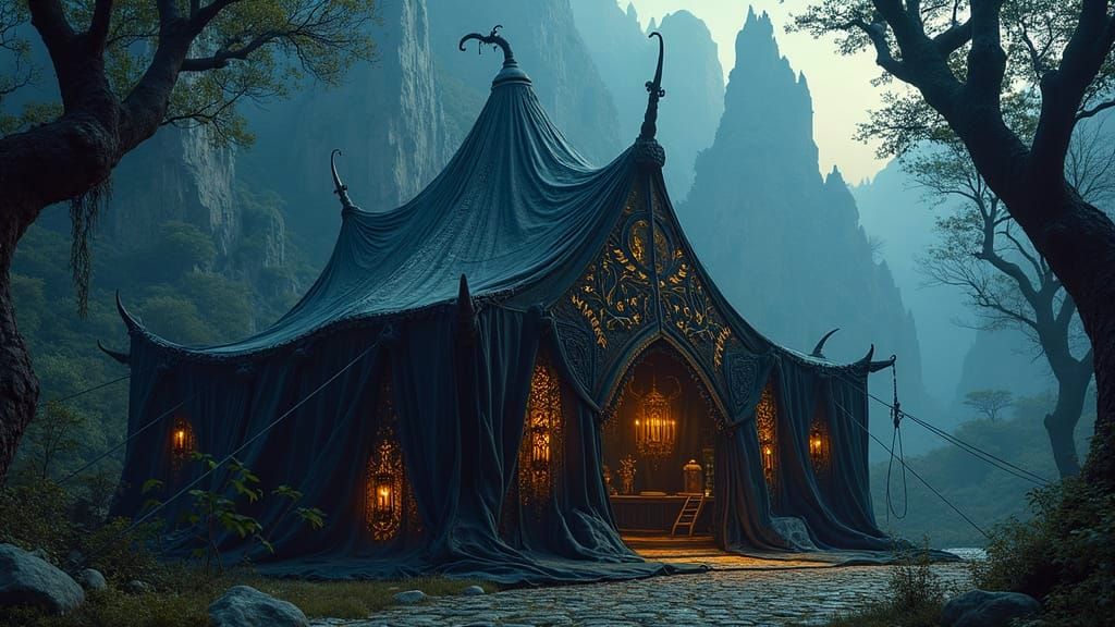 Gothic Velvet Tent Under a Dark Fantasy Moonlit Sky