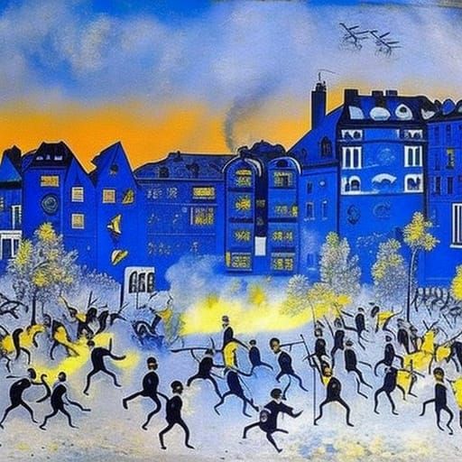 Ant Battle in Hamburg: A Biopunk Chagall-El Greco Fusion