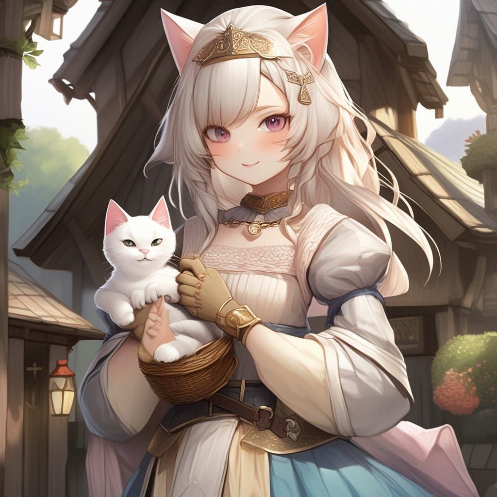 Anime Cat Princess Portrait in Cottagecore Style