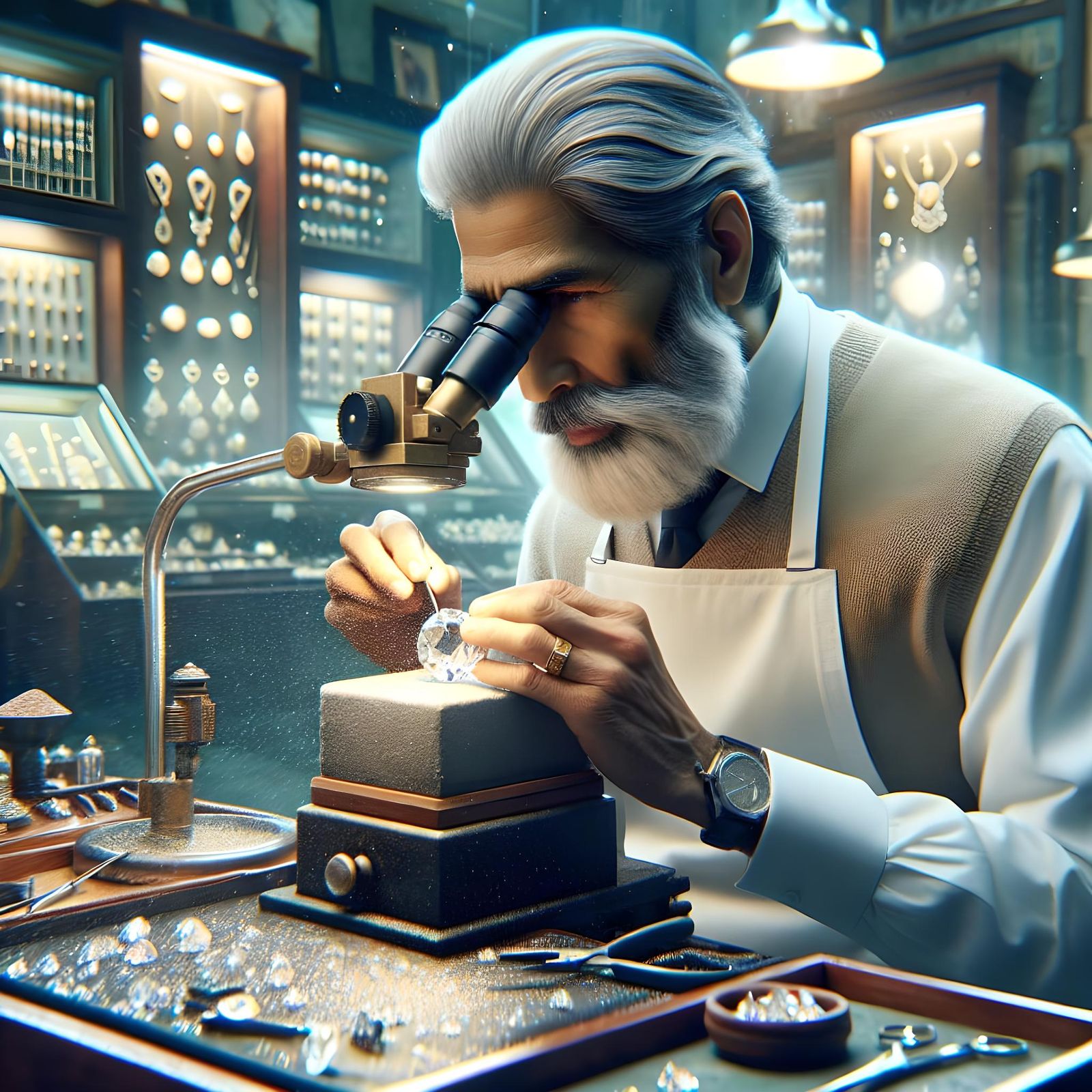 Lapidary Faceting Gemstone in Jewelry Store: Photorealistic