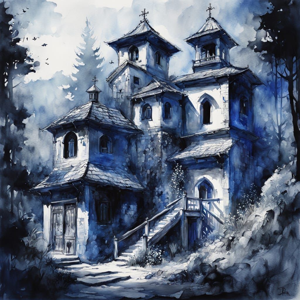 Epic Watercolour Monastery in Unreal Blue and Black
