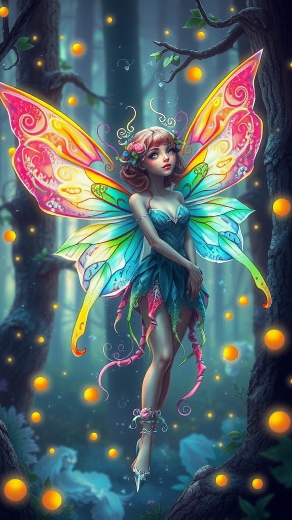 Iridescent Fairy in Whimsical Forest, Dreamlike Illustration