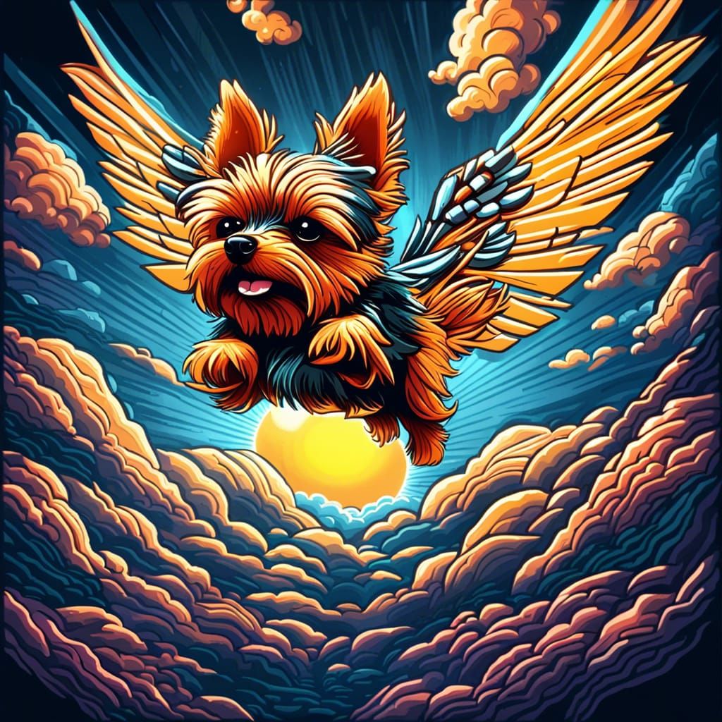 Yorkshire Terrier's Heavenly Flight: 8-bit 3D Render
