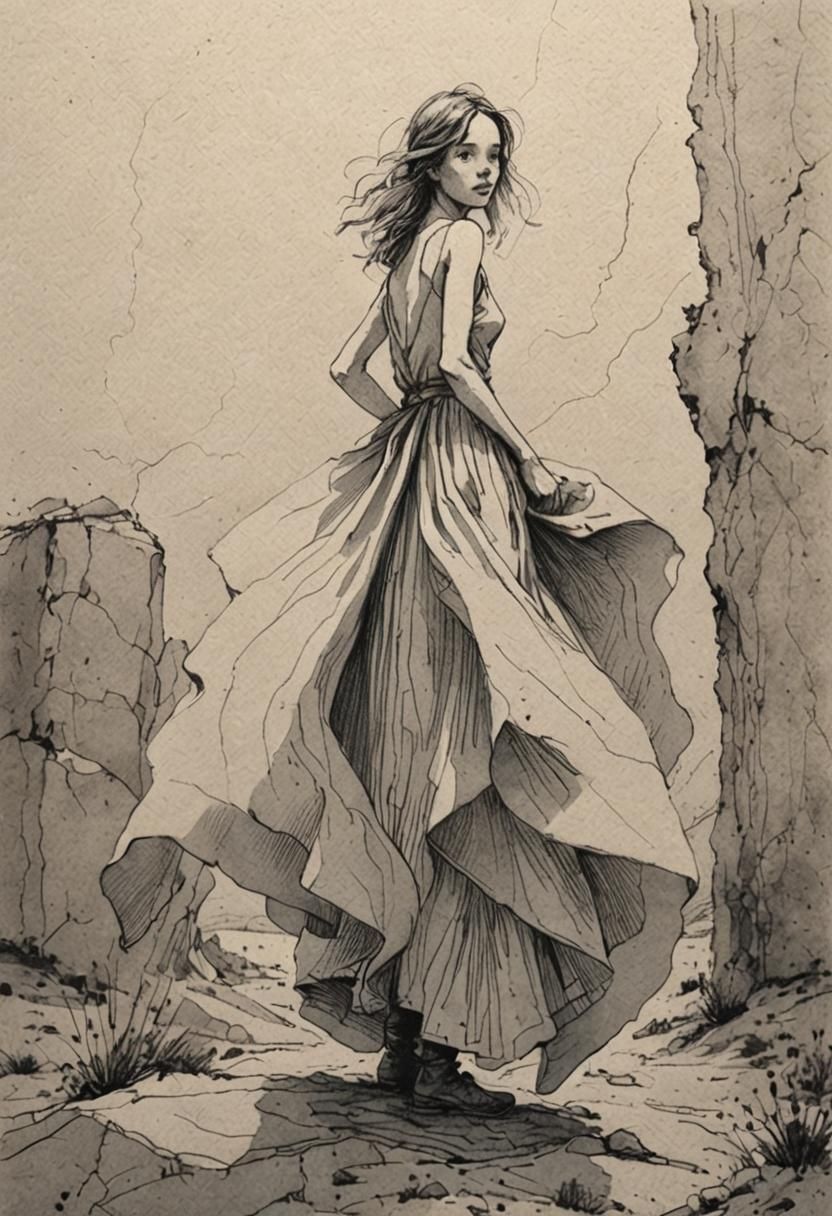 Minimalist Sketch of Woman in Desolate Landscape