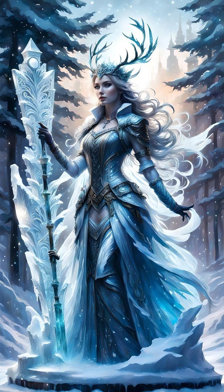 Icy Maiden Sculpture in Winter Forest