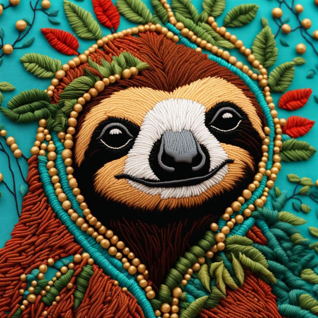 Smiling Sloth in Embroidered Jungle, Beaded Dogon Art