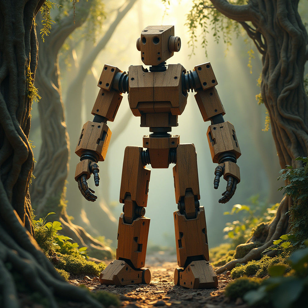 Heroic Wooden Robot in Mystical Forest