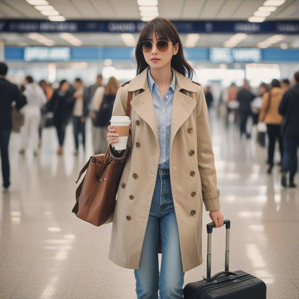 Elegant Anime Girl Walks Through Airport with Suitcase and C...