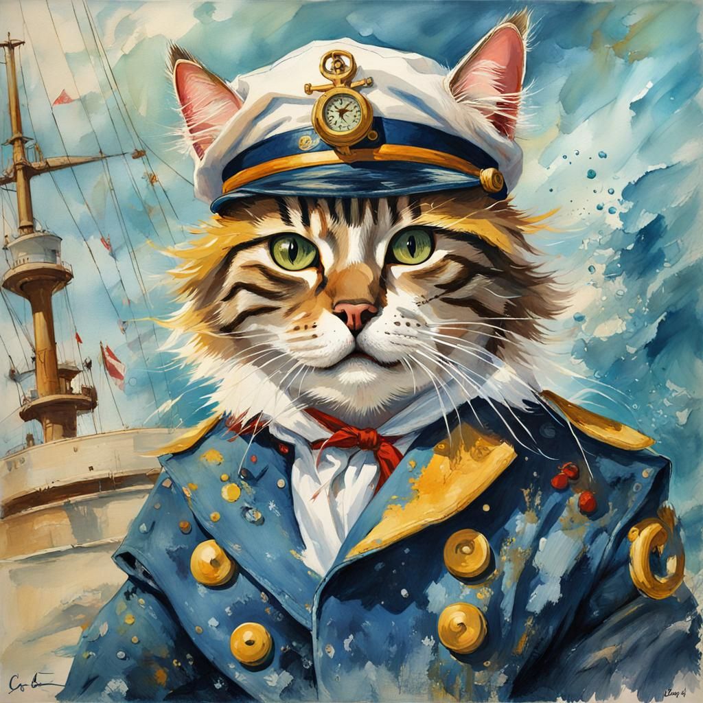 Cat Sailor in Gouache Watercolor Style