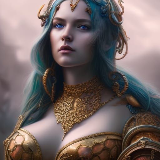 Beautiful Armored Warrior Woman, Hyperrealistic Digital Art
