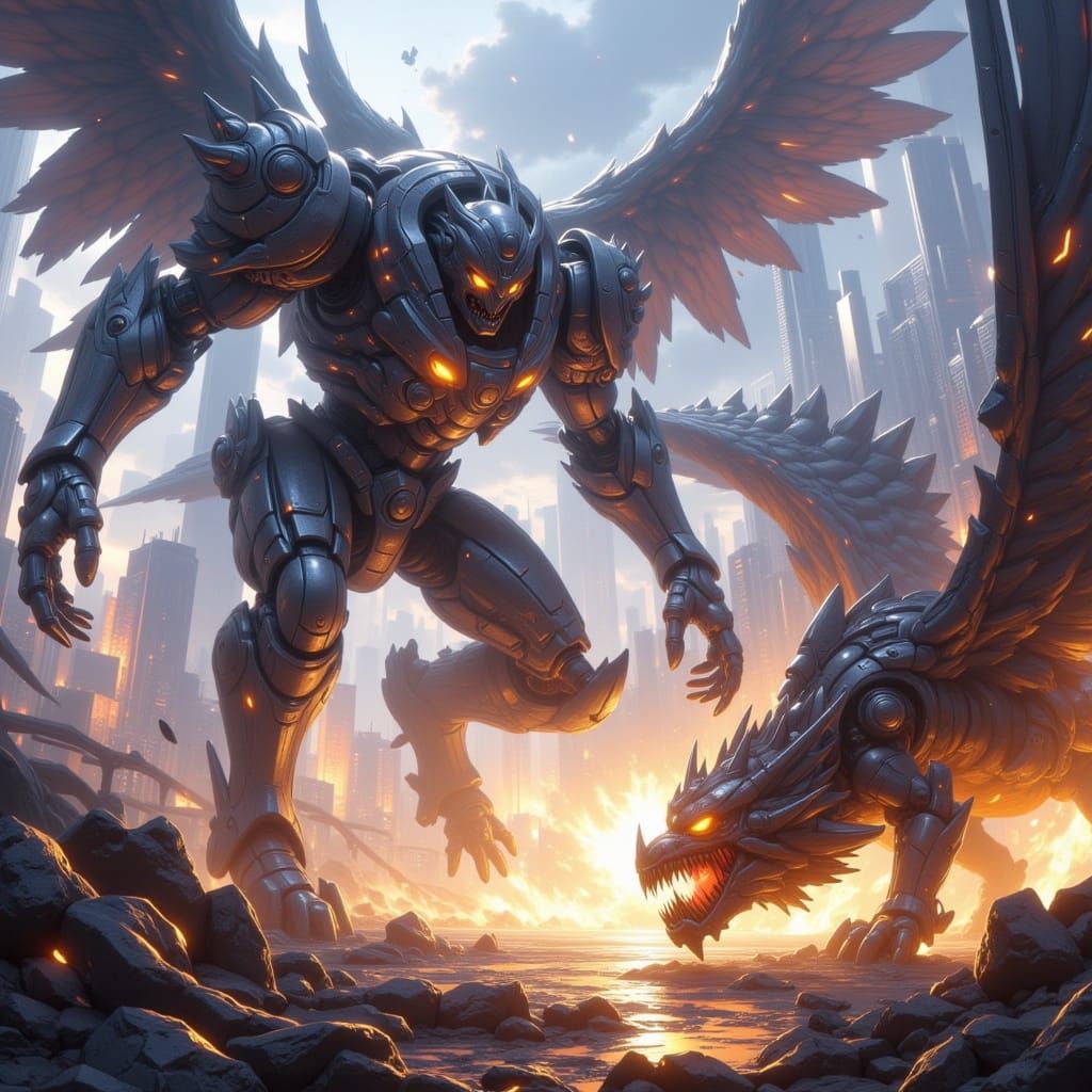 Colossal Mecha vs. Winged Beast in Futuristic City