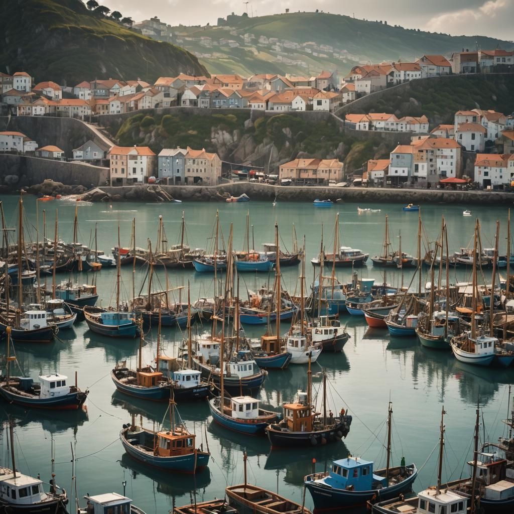 Epic view of a fantasy harbour full of fishing boats. Fishermen have poles ready, all awaiting for the Captains to arriv...