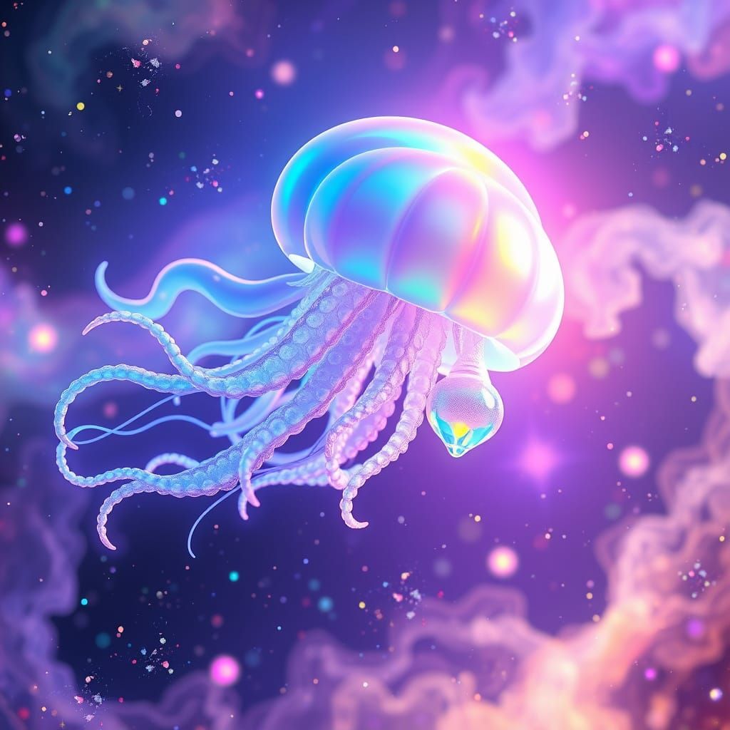 Rainbow Jellyfish Drifting Through Cosmic Nebula