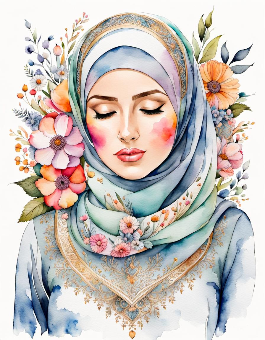 Cute Hijabi Woman with Flowers in Watercolor Style