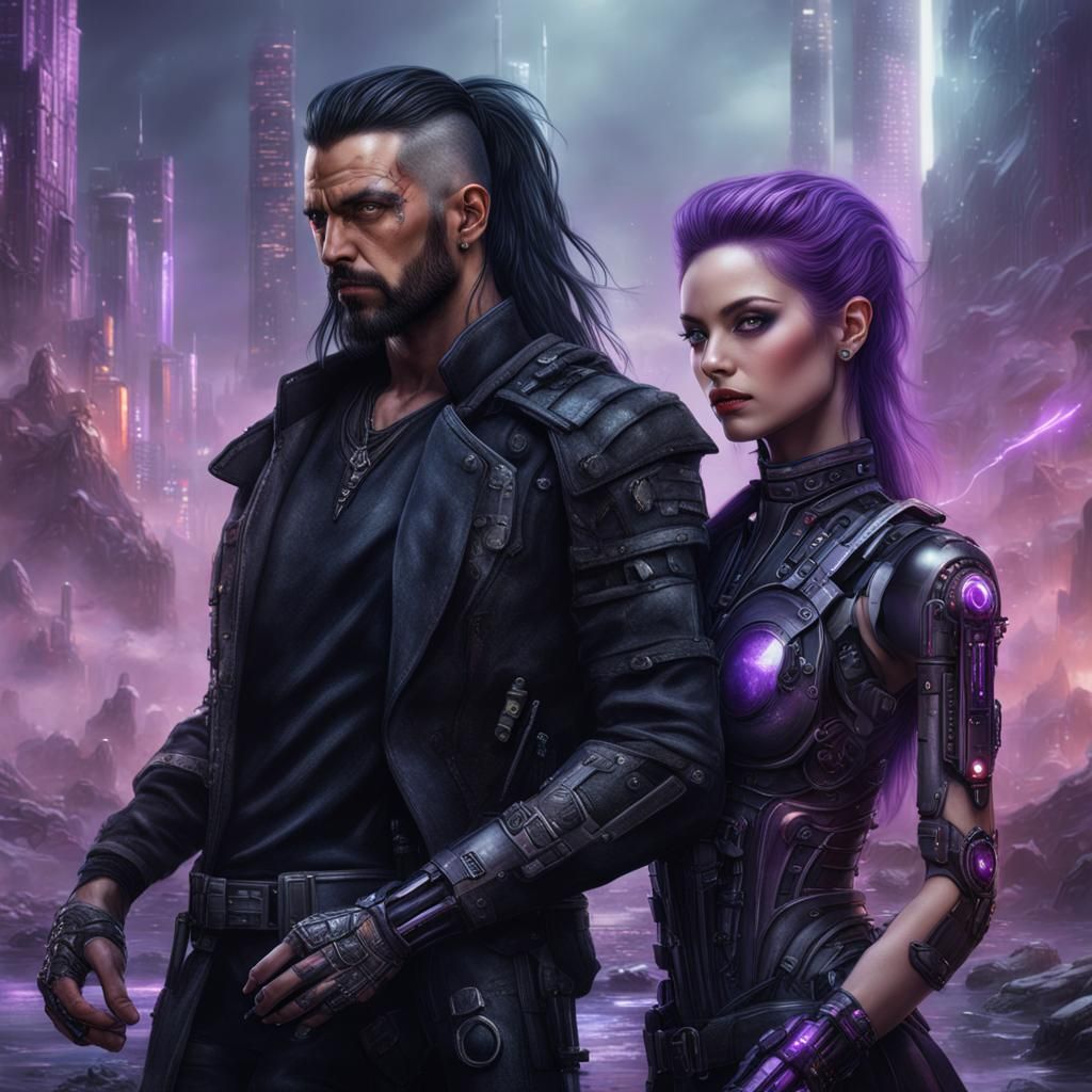 Sensual Cyberpunk Couple in Detailed Digital Painting